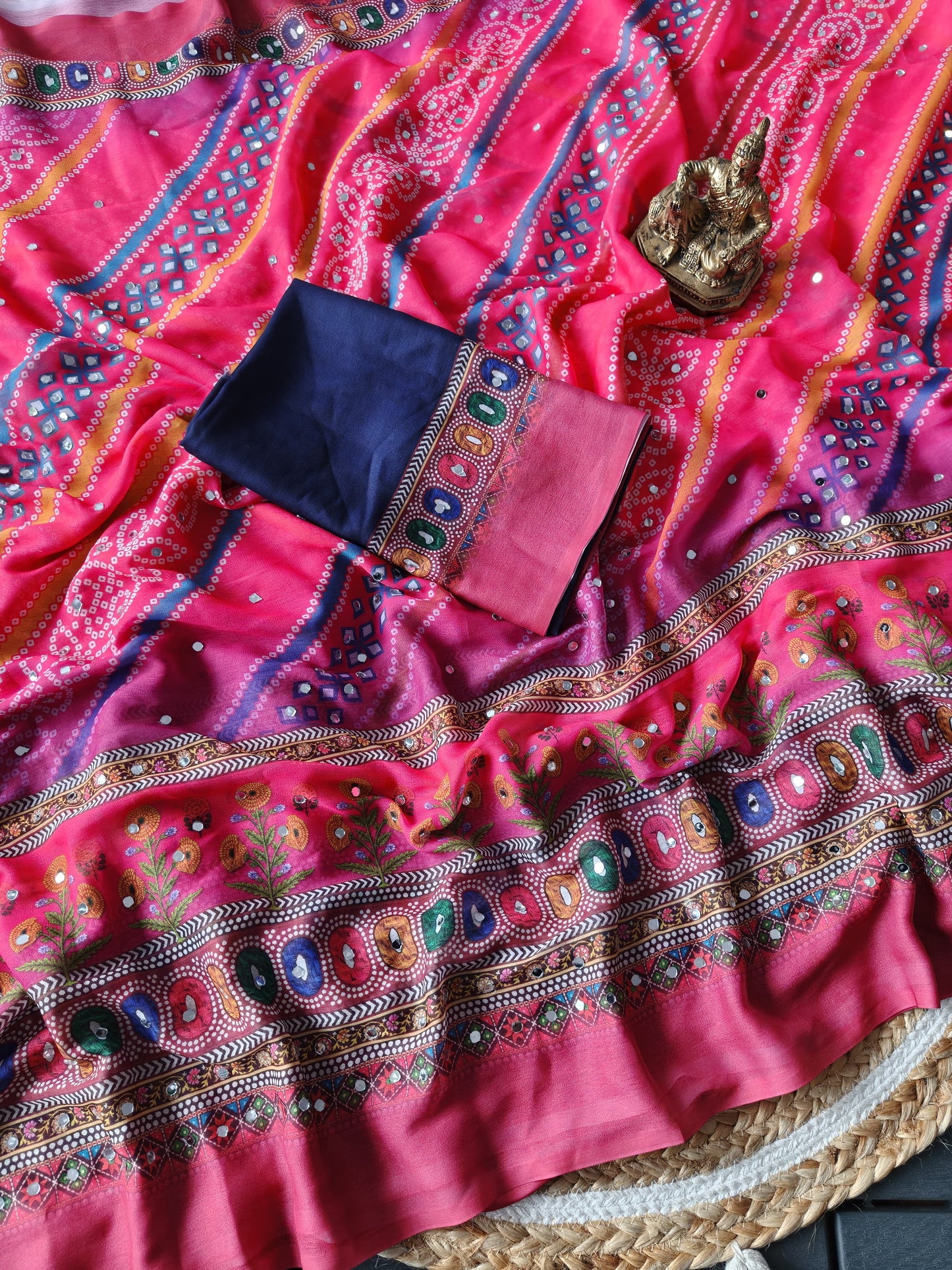 Georgette Bandhej Digital Print Saree with Mirror Work & Matching Blouse
