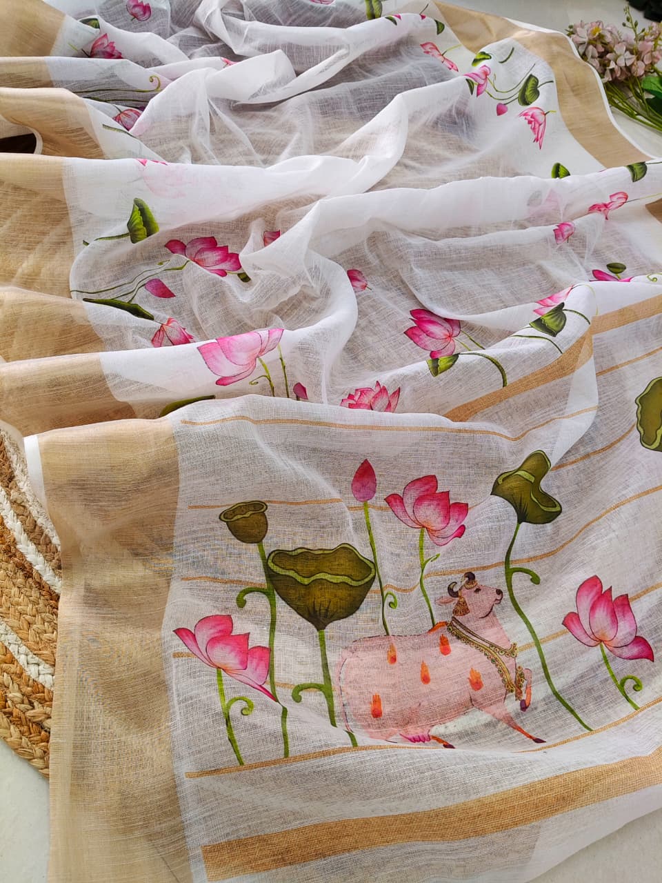 Elegant White Linen Saree with Pink Lotus Digital Print and Golden Border