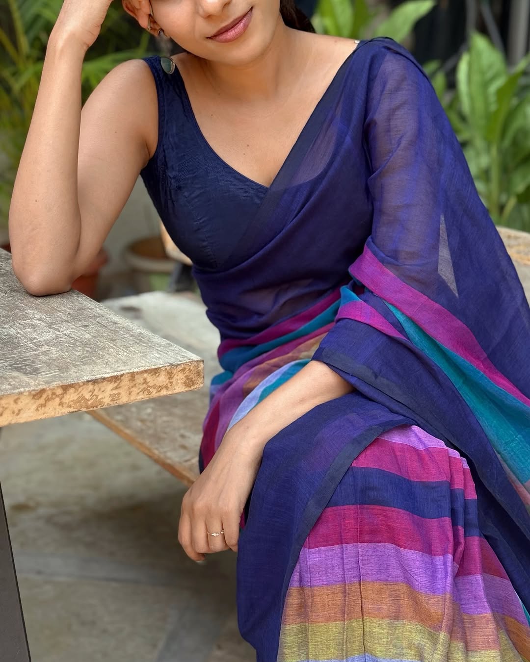 Elegant Linen Cotton Saree in Navy Blue with Multicolor Stripes