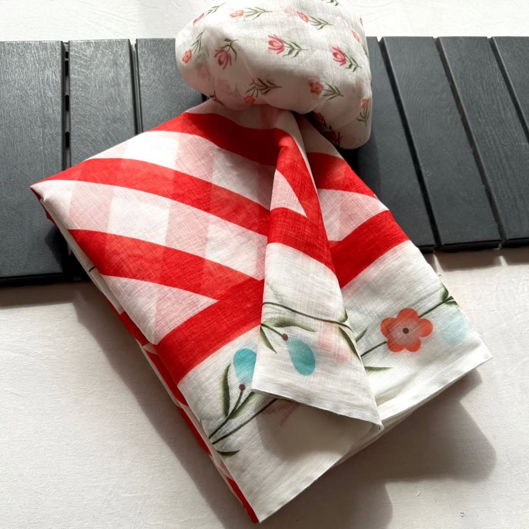 White & Red Striped Linen Saree with Hand-Painted Floral Border and Printed Blouse