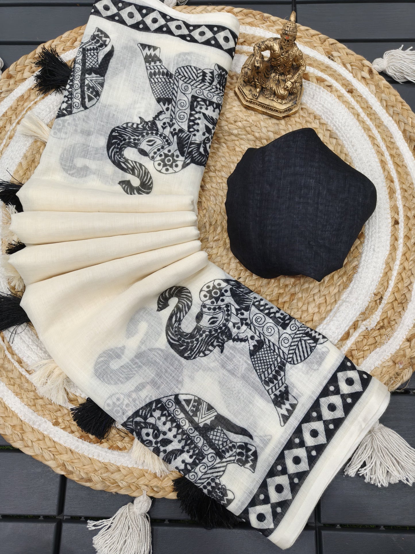 Handloom Linen Cotton Saree with Black Elephant Print & Tassel Border