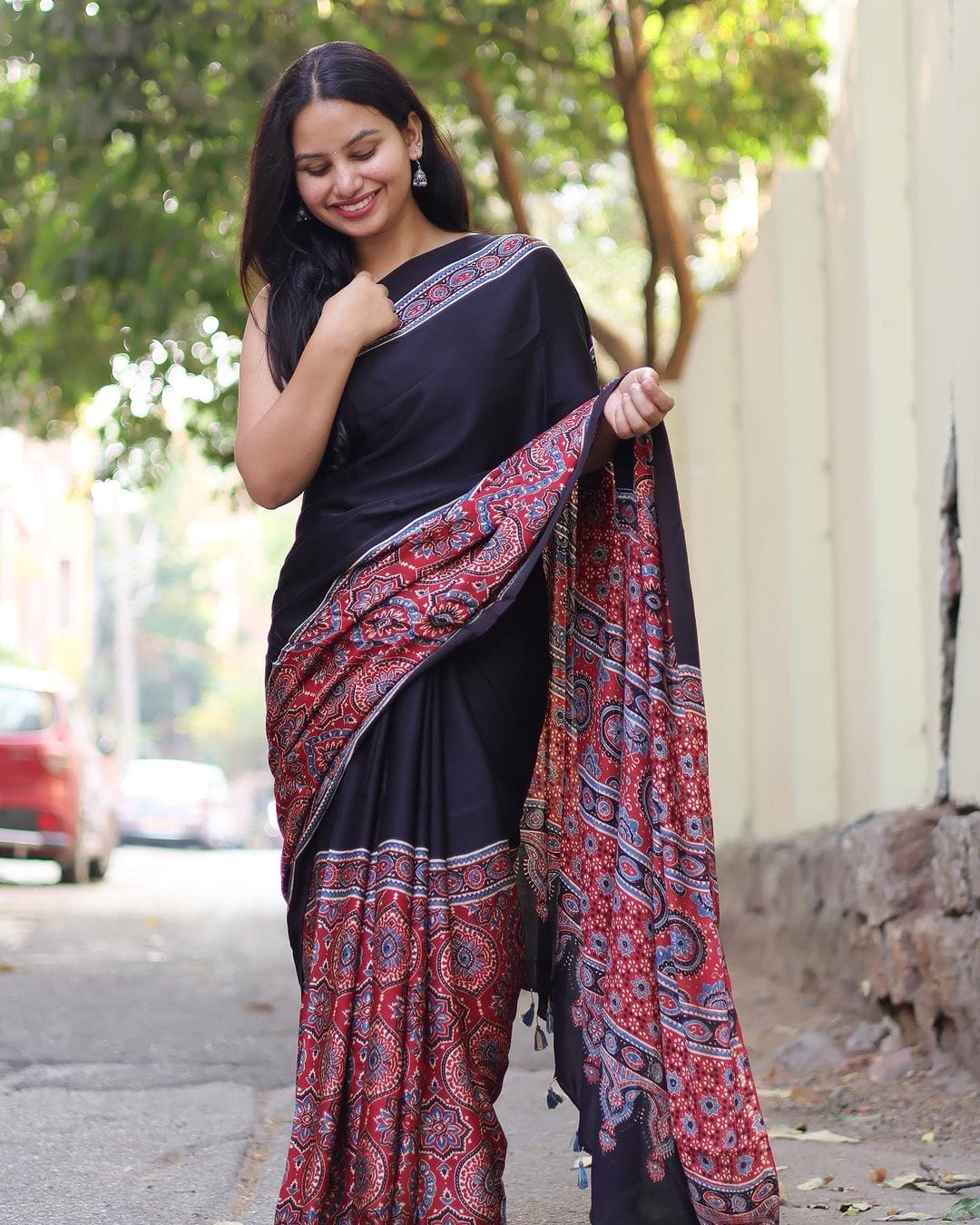 Classic Red Ajrakh Maslin Saree – Grace in Every Drape