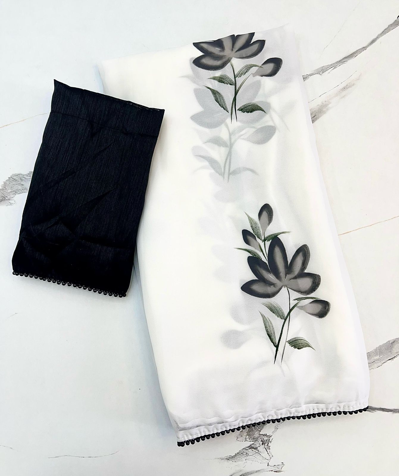 Luxury Marshmallow Georgette Saree with Tulip Design & Heavy Moti Work