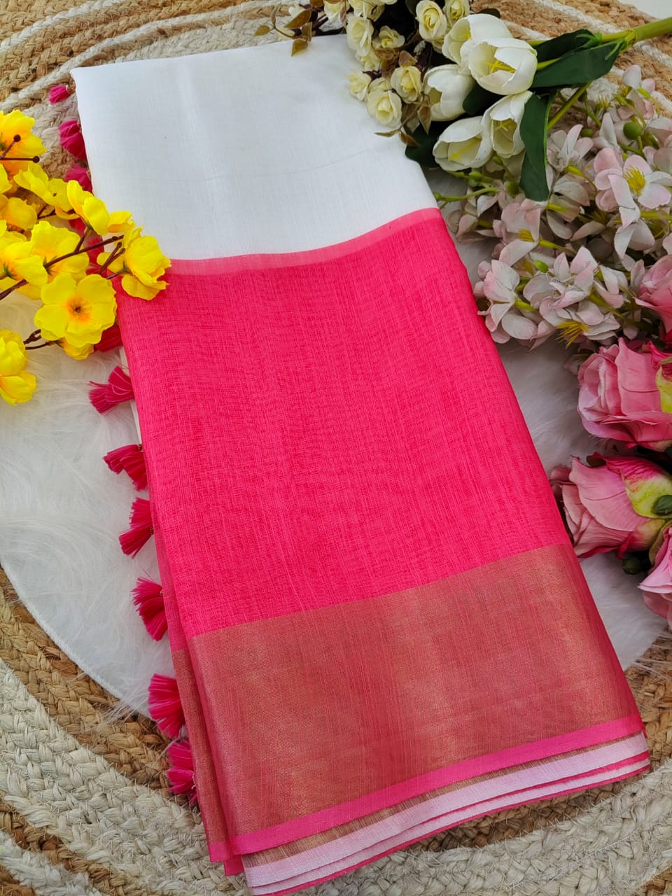 Elegant White & Pink Linen Saree with Gold Border and Digital Print Blouse