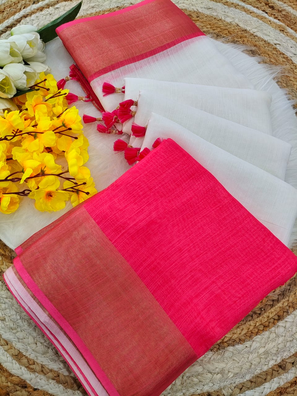 Elegant White & Pink Linen Saree with Gold Border and Digital Print Blouse