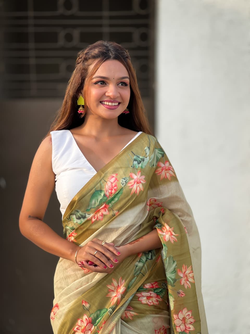 Graceful Beige Floral Printed Saree with Olive Green Border