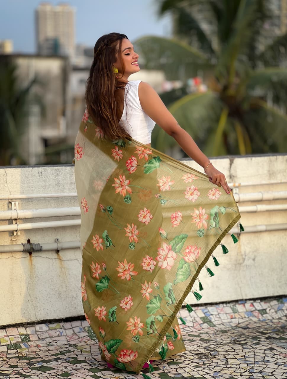 Graceful Beige Floral Printed Saree with Olive Green Border