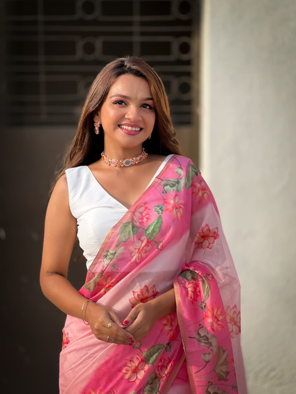 Charming Pink Floral Print Saree with White Blouse