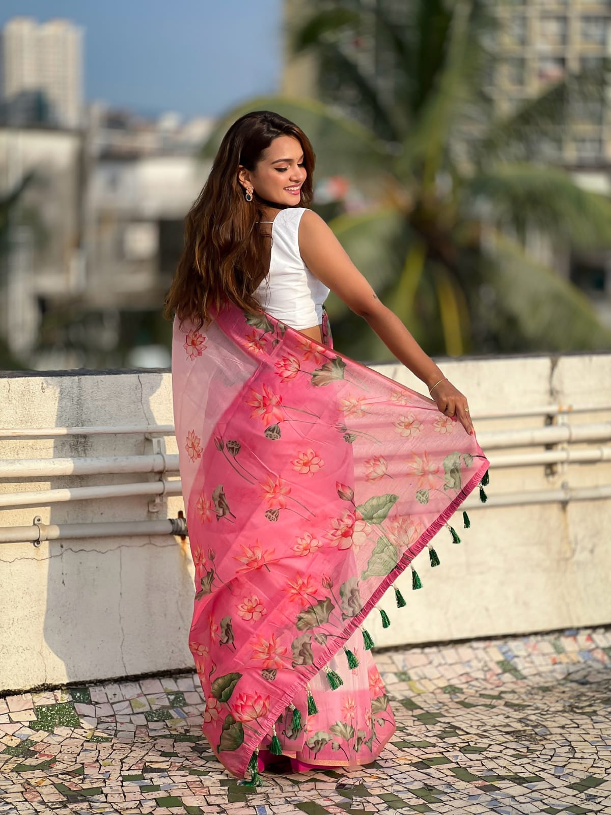 Charming Pink Floral Print Saree with White Blouse