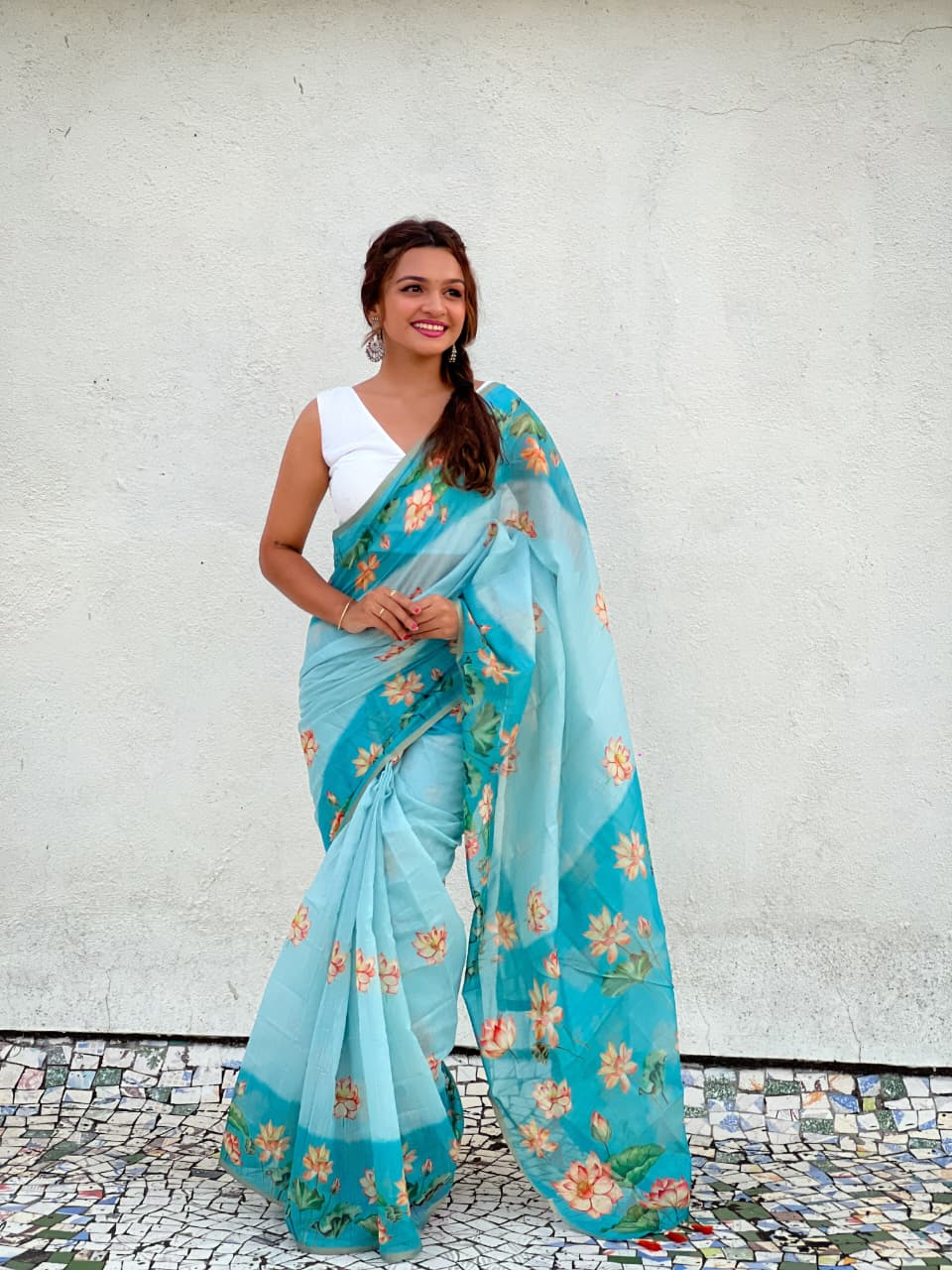 Elegant Sky Blue Floral Print Saree with White Blouse
