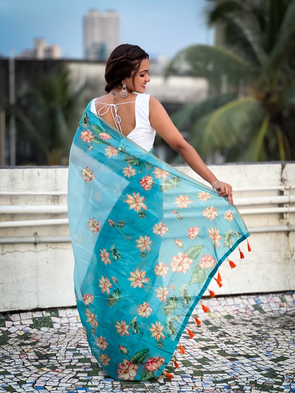 Elegant Sky Blue Floral Print Saree with White Blouse
