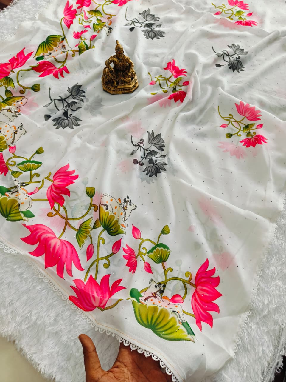 White Heavy Marshmallow Blooming Georgette Saree with Swarovski Work & Digital Print