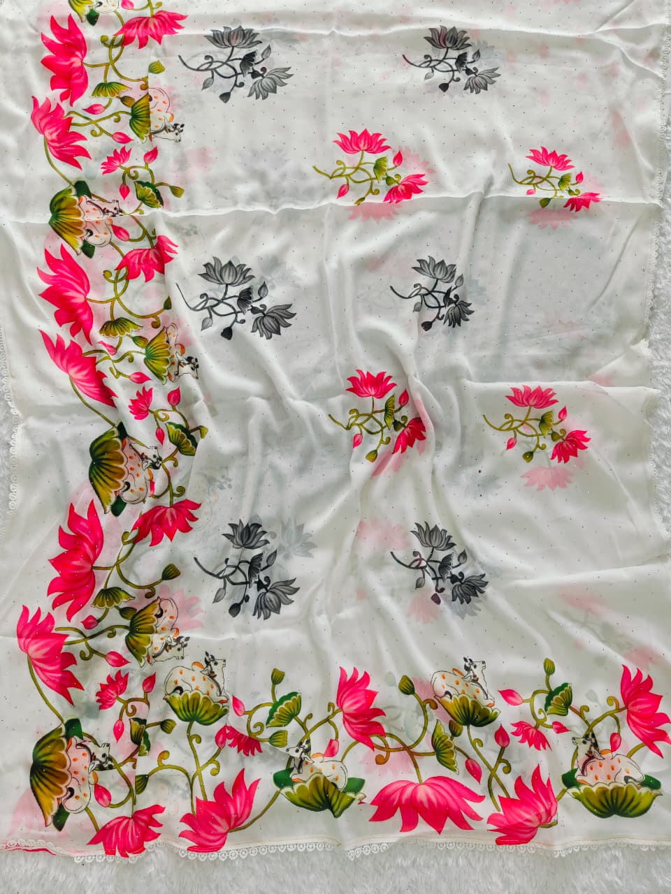 White Heavy Marshmallow Blooming Georgette Saree with Swarovski Work & Digital Print