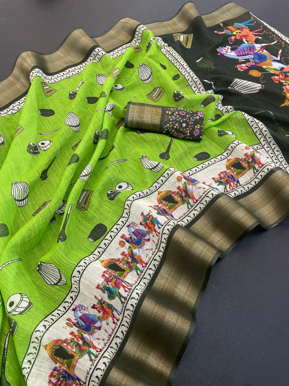 Premium Linen Cotton Saree with Artistic Folk Dance Digital Print -Parrot Green & Black