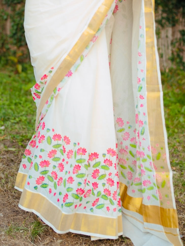 Elegant Linen Cotton Saree with Lotus Digital Print and Golden Border