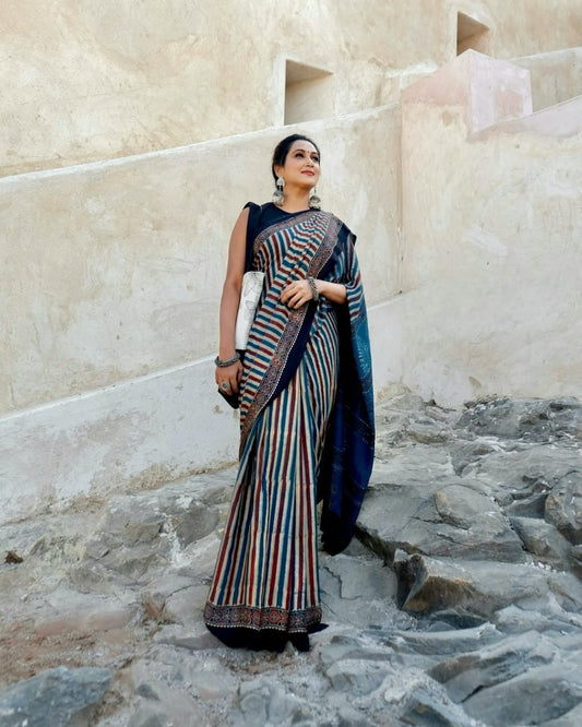 Bohemian Ajrakh Cotton Saree with Bold Stripes and Tribal Motifs