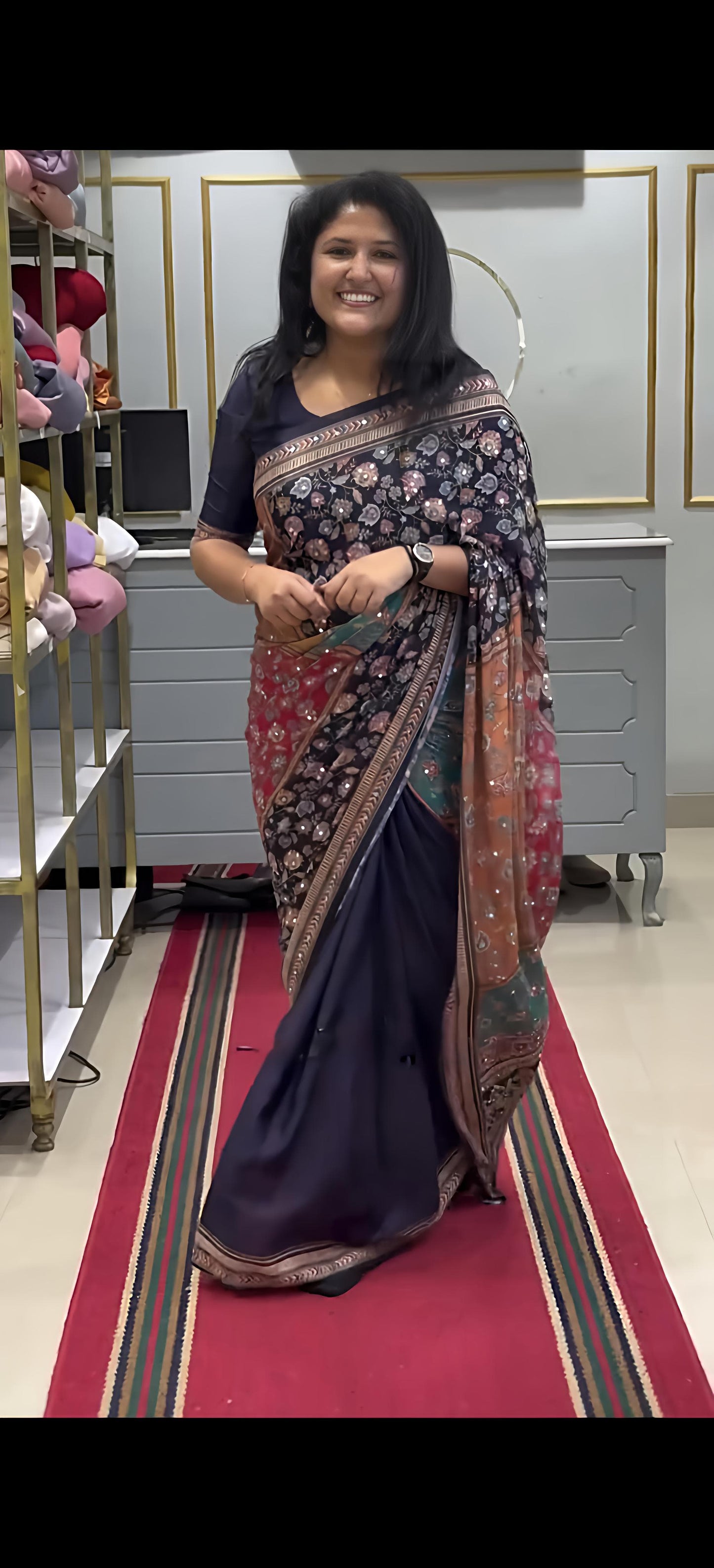 Party & Wedding Wear Heavy Georgette Saree with All Over Floral Print and Mirror Highlights