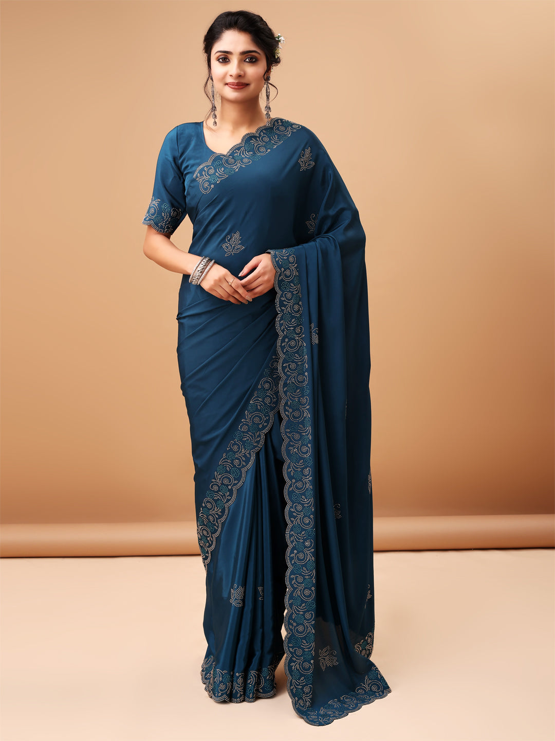 Air Force Blue Metallic Silk Saree With Unstitched Blouse For Women