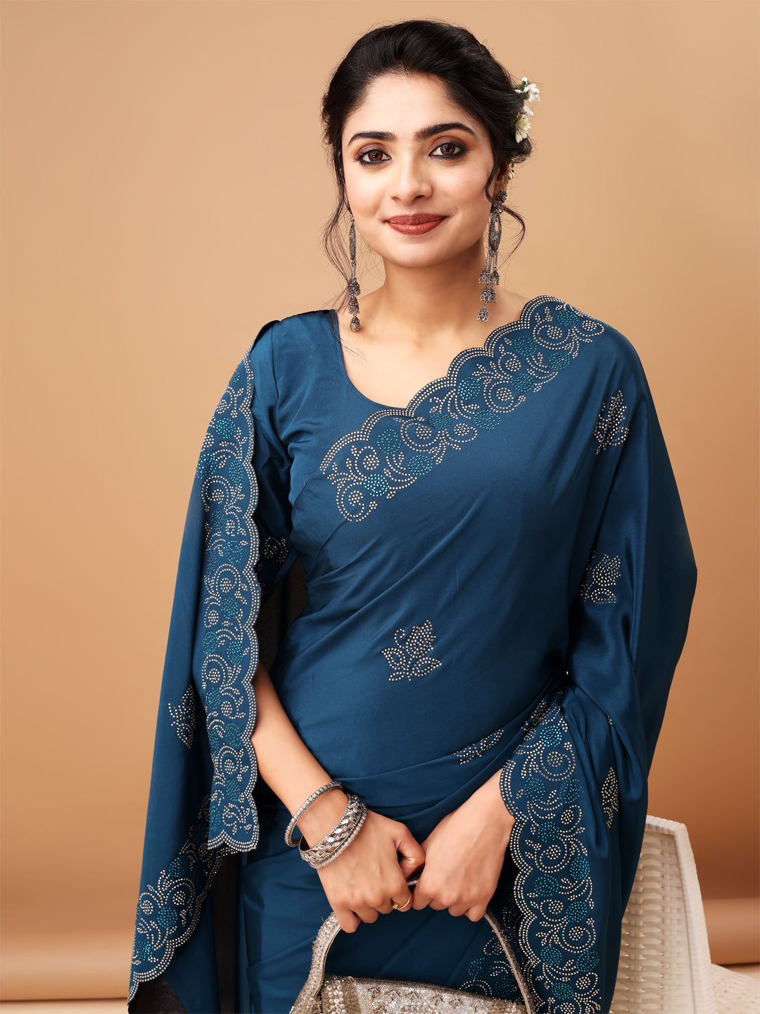 Air Force Blue Metallic Silk Saree With Unstitched Blouse For Women