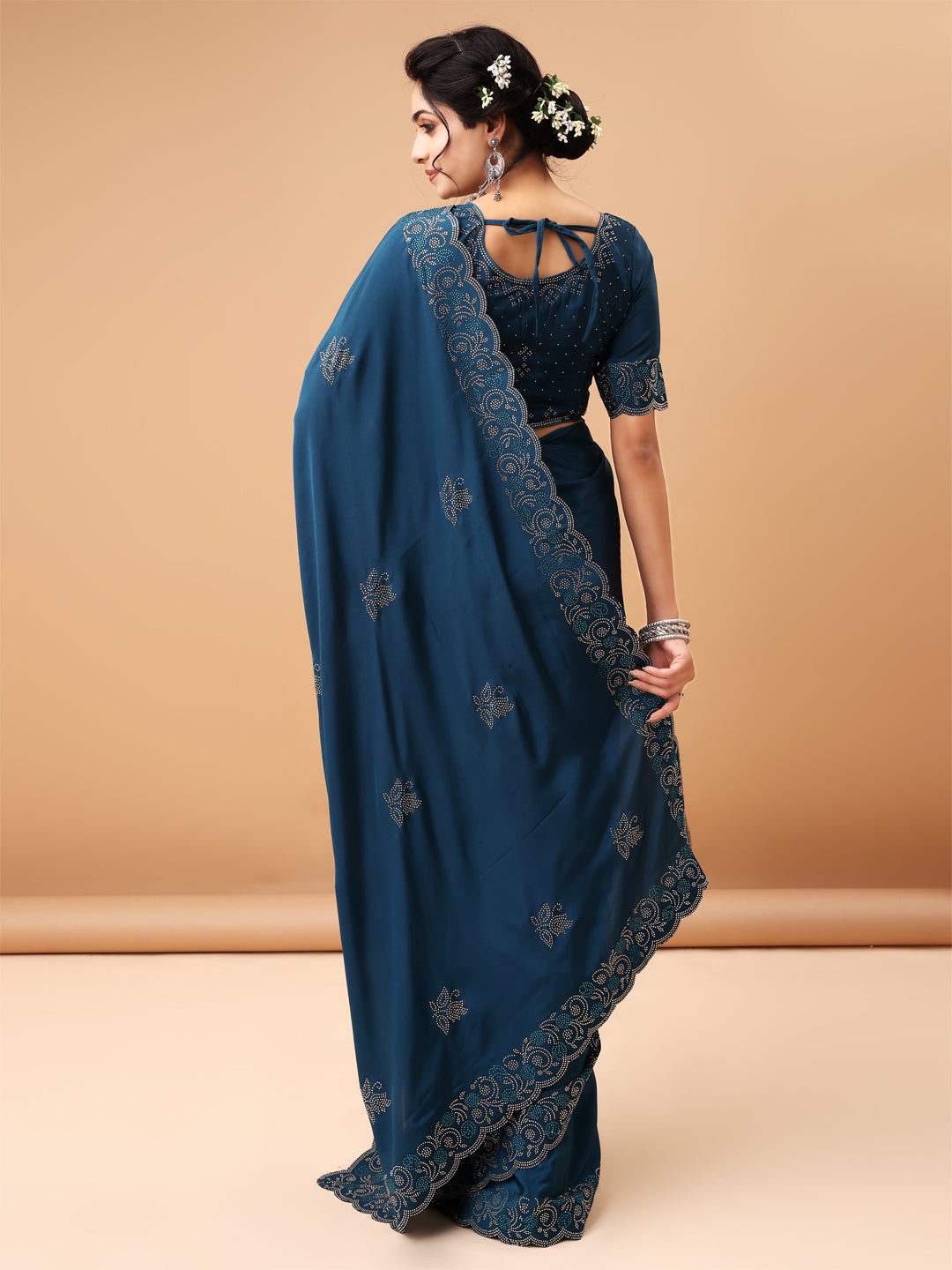 Air Force Blue Metallic Silk Saree With Unstitched Blouse For Women