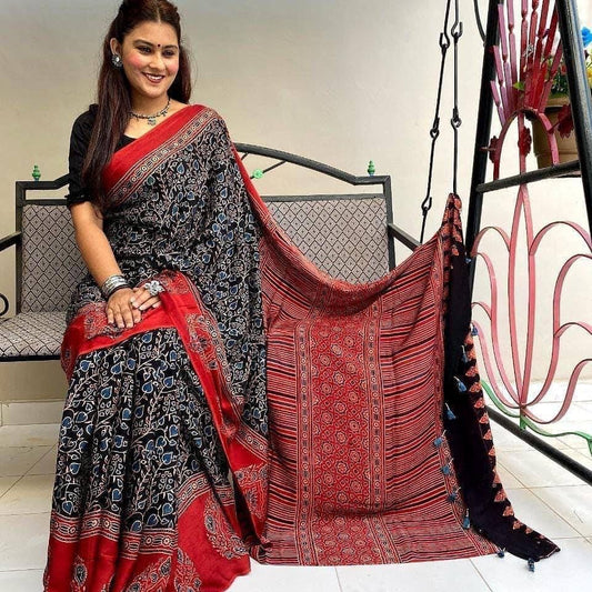 Traditional Black & Red Ajrakh Print Cotton Saree