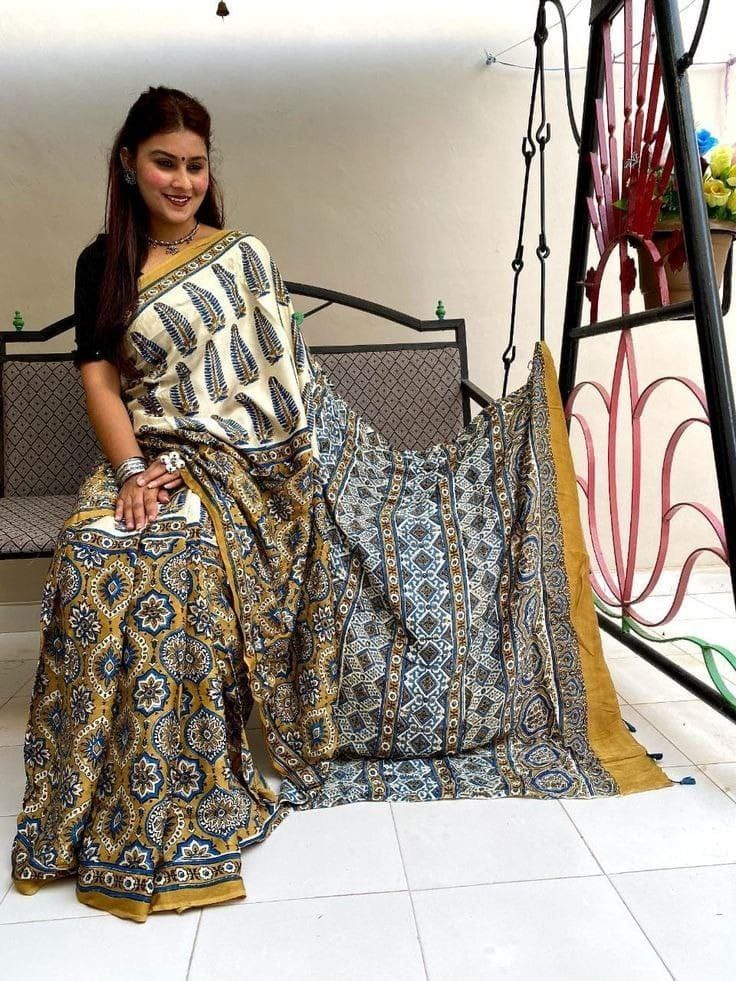 Elegant Multi-Pattern Ajrakh Printed Chenderi Cotton Saree