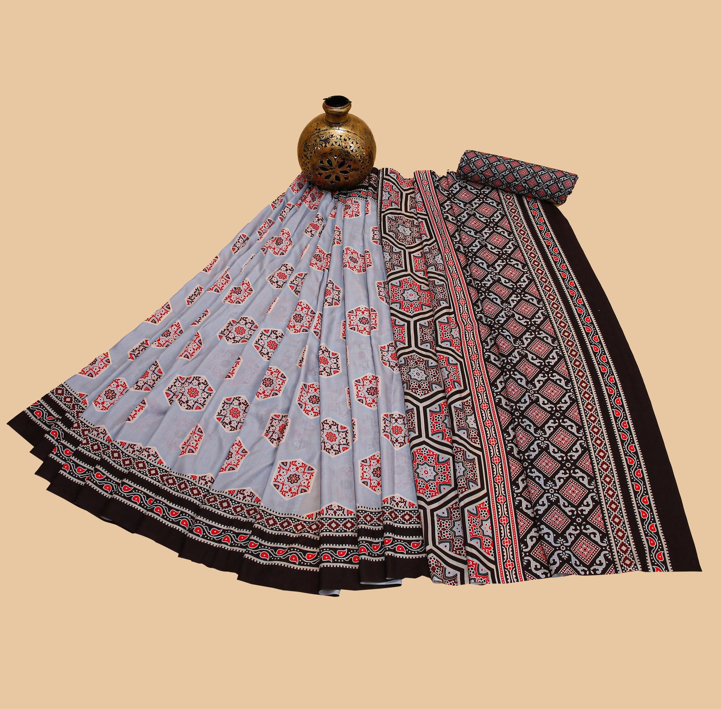 Soft Grey & Black Ajrakh Printed Soft Modal Silk Print Saree