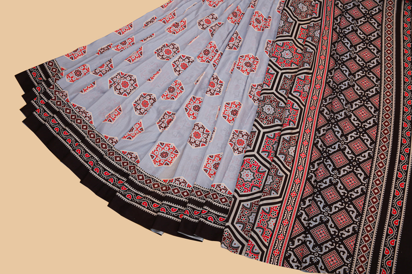 Soft Grey & Black Ajrakh Printed Soft Modal Silk Print Saree