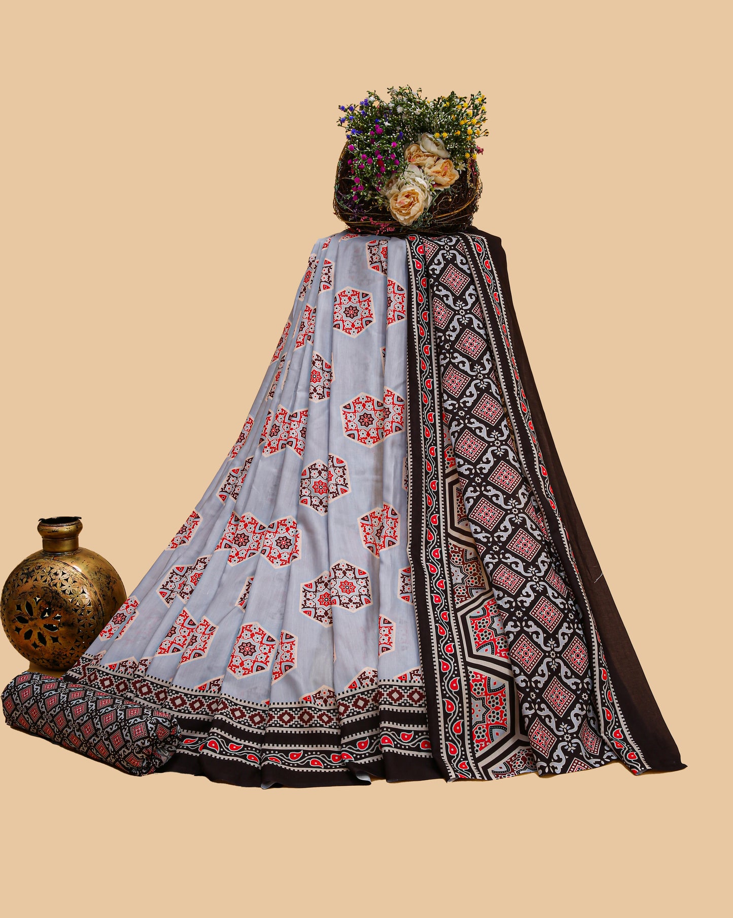 Soft Grey & Black Ajrakh Printed Soft Modal Silk Print Saree