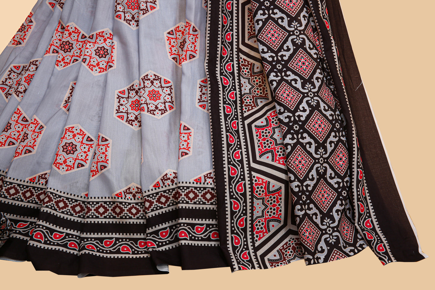 Soft Grey & Black Ajrakh Printed Soft Modal Silk Print Saree