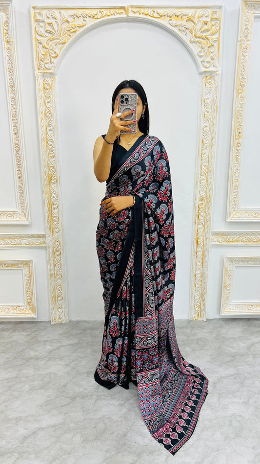 Premium Ajrakh Saree – Handcrafted Traditional Pattern – Bestseller Collection