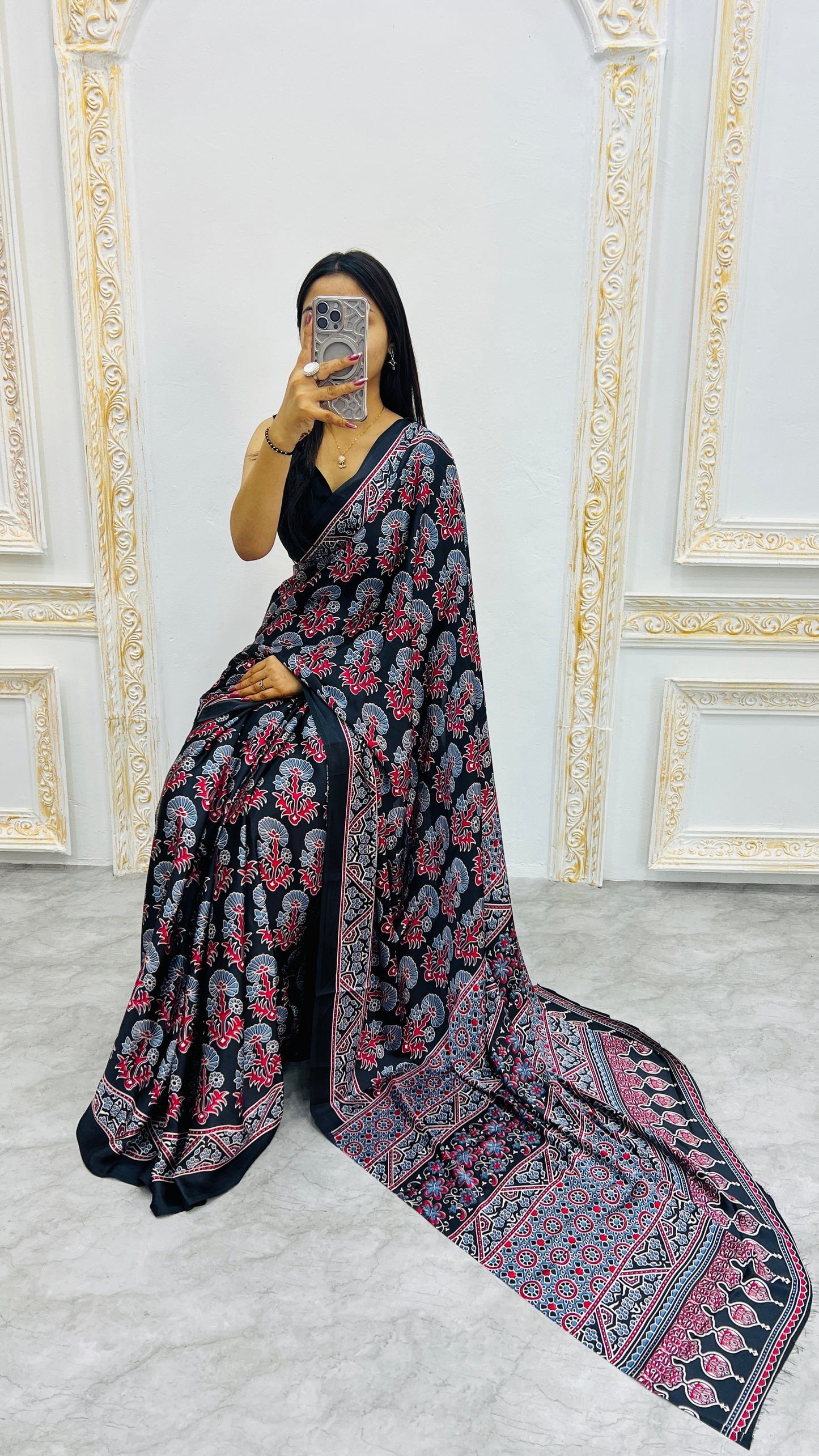 Premium Ajrakh Saree – Handcrafted Traditional Pattern – Bestseller Collection