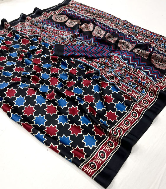 Ajrakh Digital Print Soft Maslin Cotton Saree with Unstitch Blouse