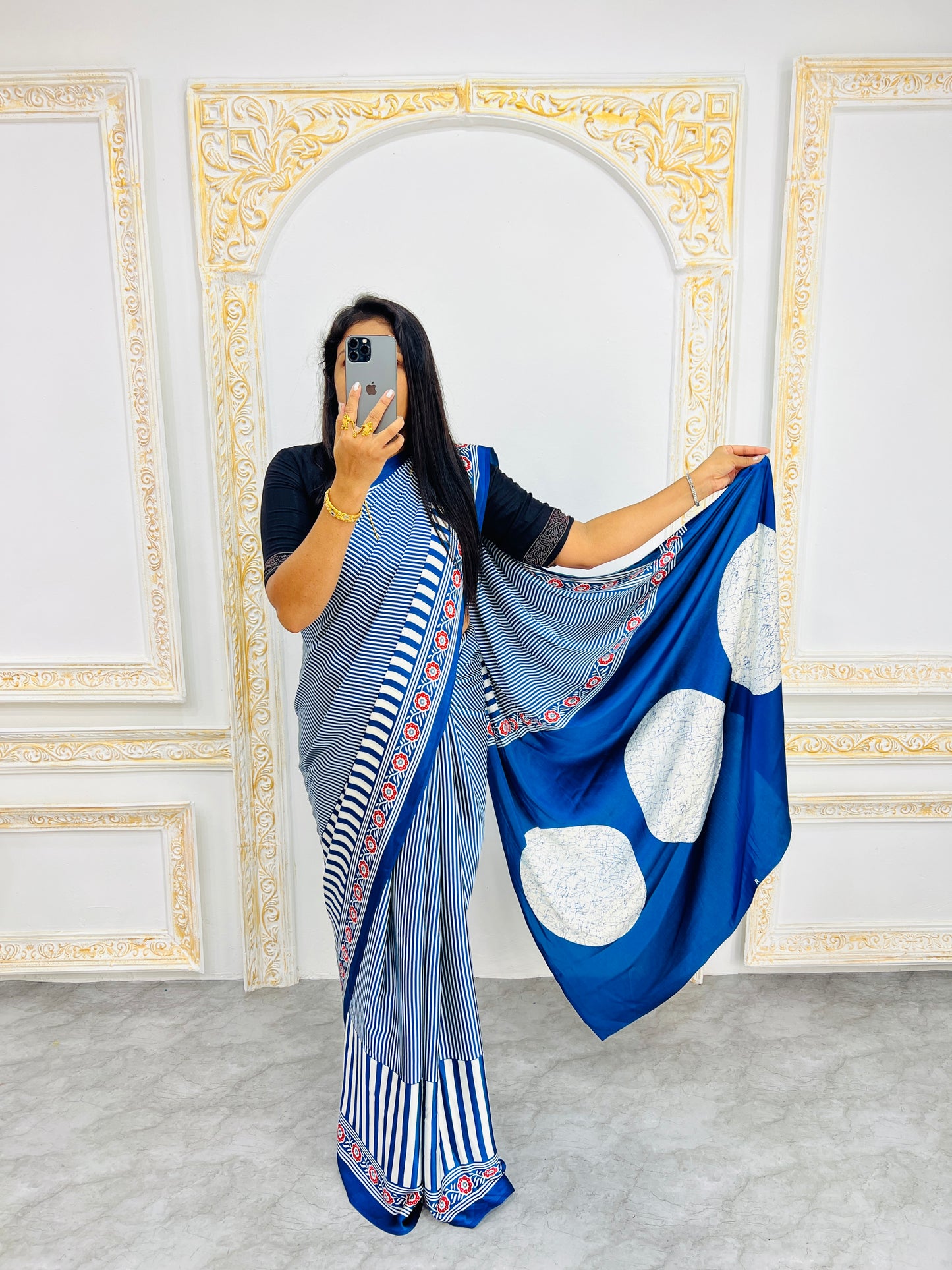 Blue Designer Saree with Stripes and Bold Circular Print Border