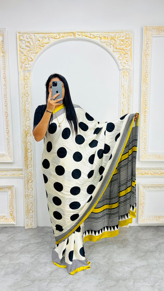 Trendy Polka Print Saree in Monochrome with Vibrant Yellow Edging