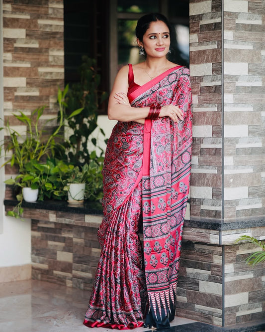 Graceful Pink Ajrakh Saree with Heritage Print Design