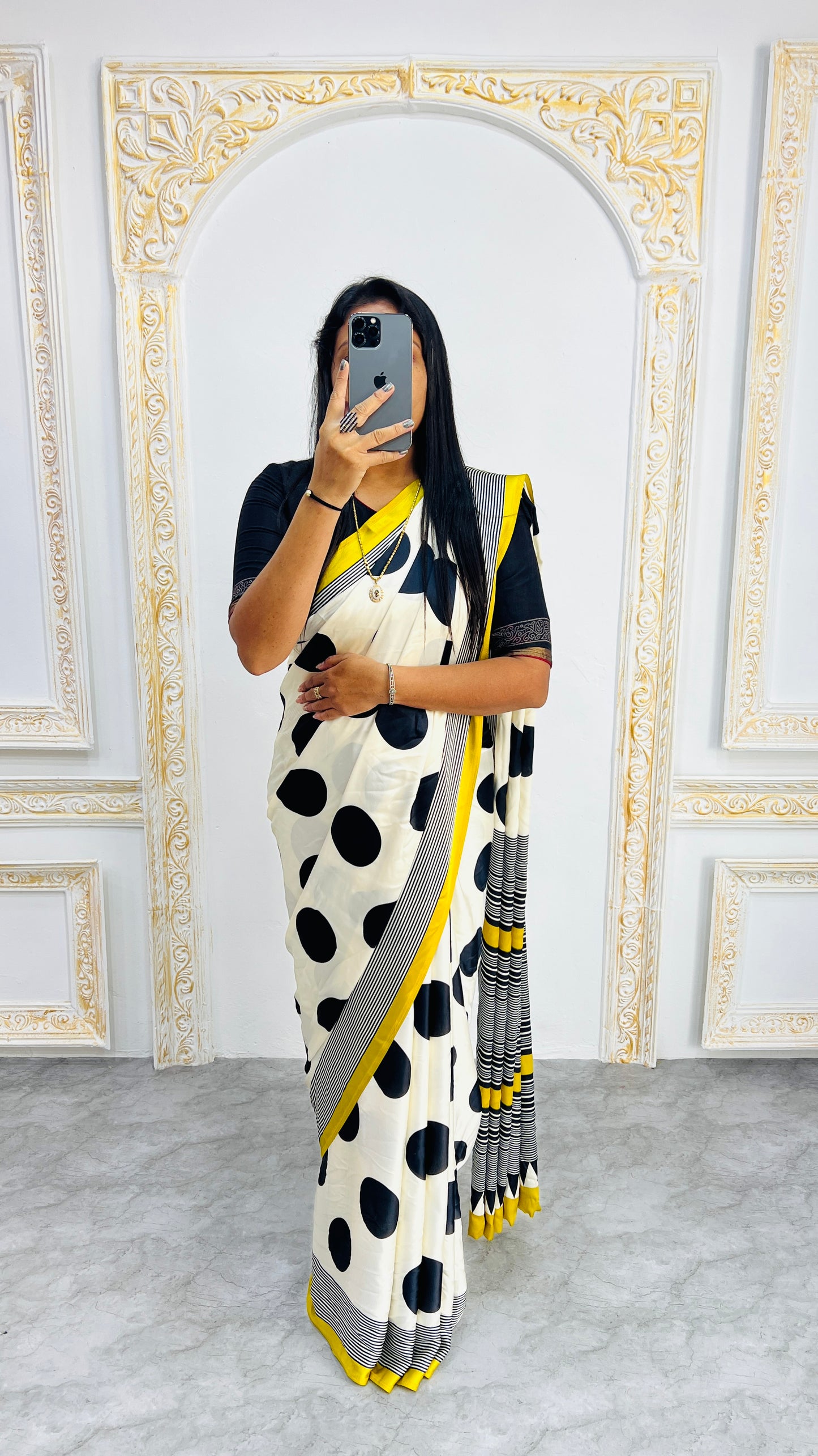 Trendy Polka Print Saree in Monochrome with Vibrant Yellow Edging