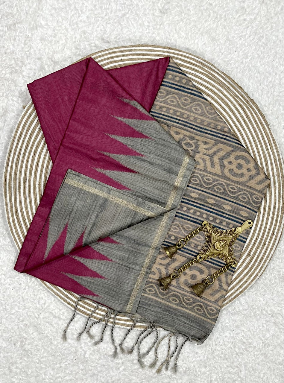 Elegant Grey & Wine Cotton Ikat Saree with Tribal Pallu