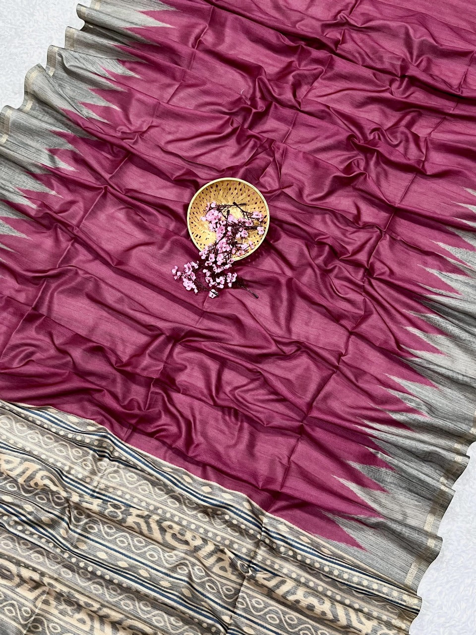 Elegant Grey & Wine Cotton Ikat Saree with Tribal Pallu