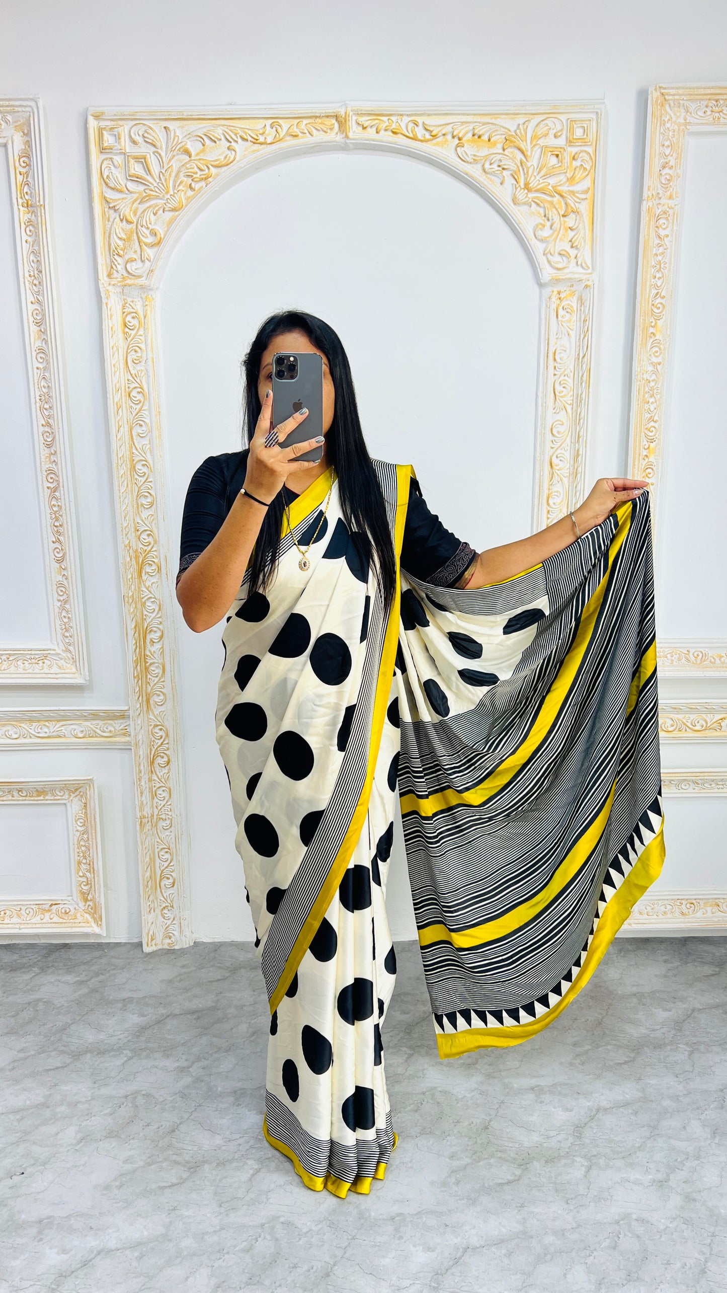Trendy Polka Print Saree in Monochrome with Vibrant Yellow Edging