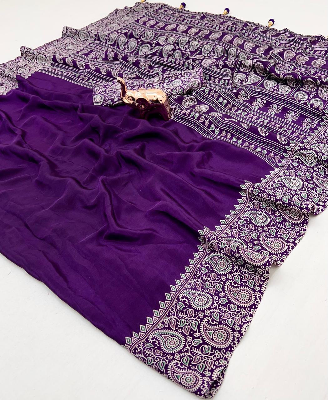 Premium Royal Purple Ajrakh Print Gaji Silk Saree – Traditional Ethnic Elegance