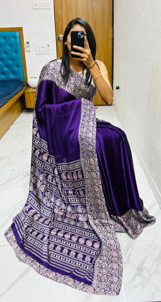 Premium Royal Purple Ajrakh Print Gaji Silk Saree – Traditional Ethnic Elegance