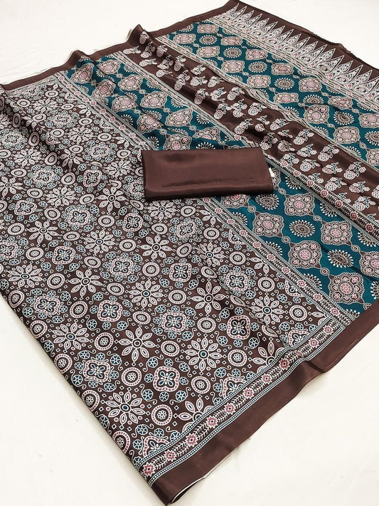 Ajrakh Digital Print Soft Maslin Cotton Saree