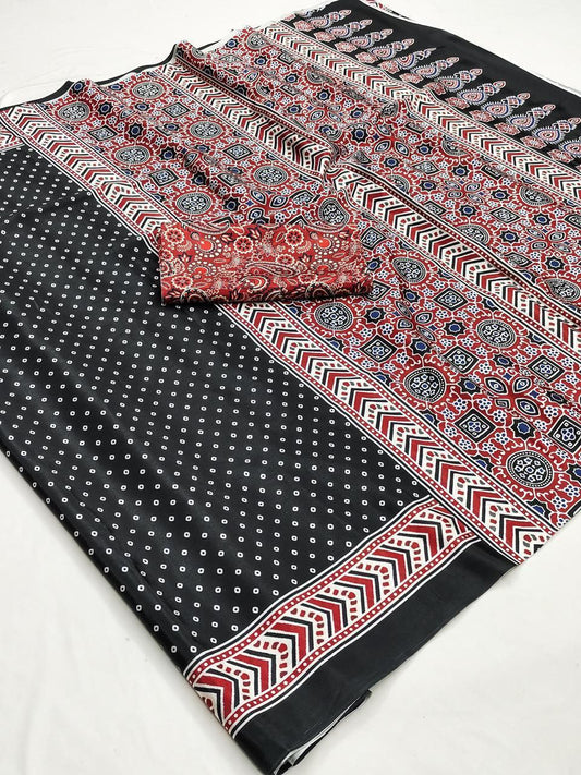 Ajrakh Digital Print Soft Maslin Cotton Saree