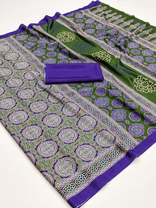 Ajrakh Digital Print Soft Maslin Cotton Saree