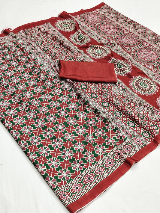 Ajrakh Digital Maslin Cotton Print Saree