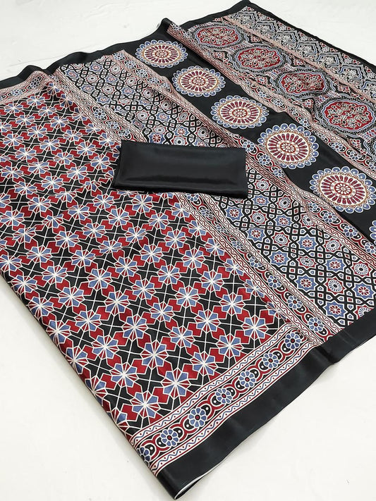 Ajrakh Digital Print Soft Maslin Cotton Saree