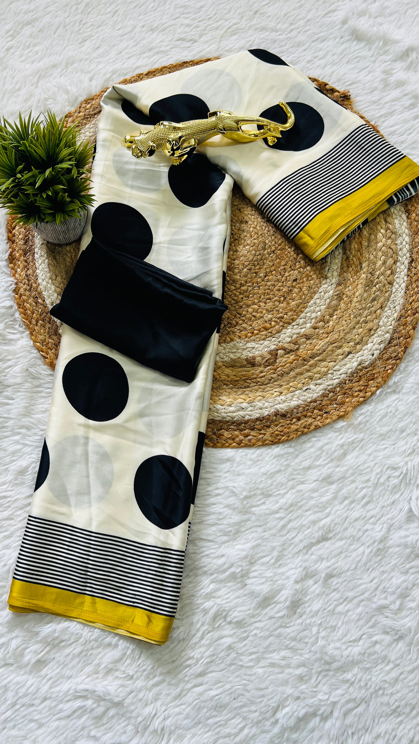 Trendy Polka Print Saree in Monochrome with Vibrant Yellow Edging