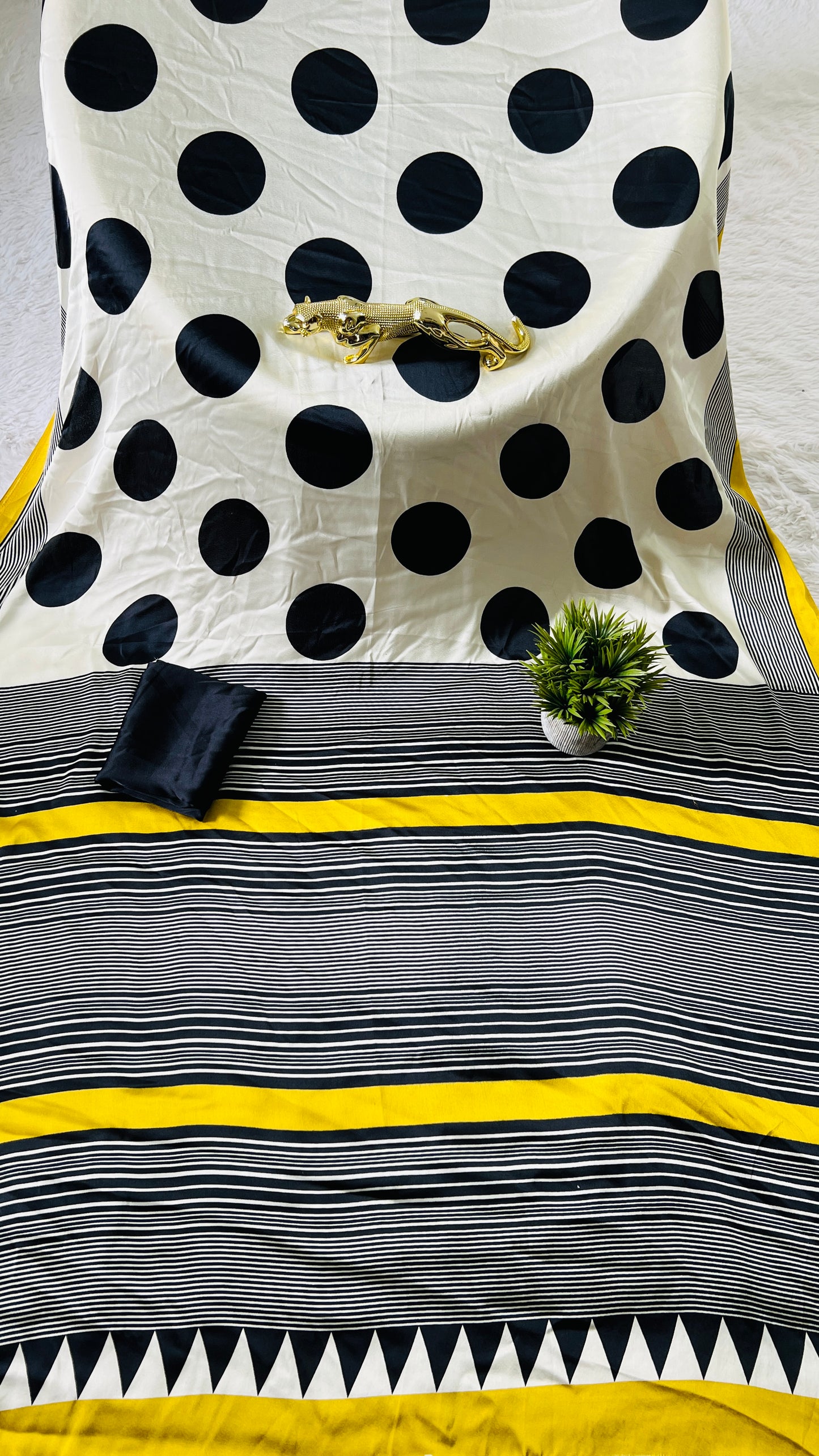 Trendy Polka Print Saree in Monochrome with Vibrant Yellow Edging