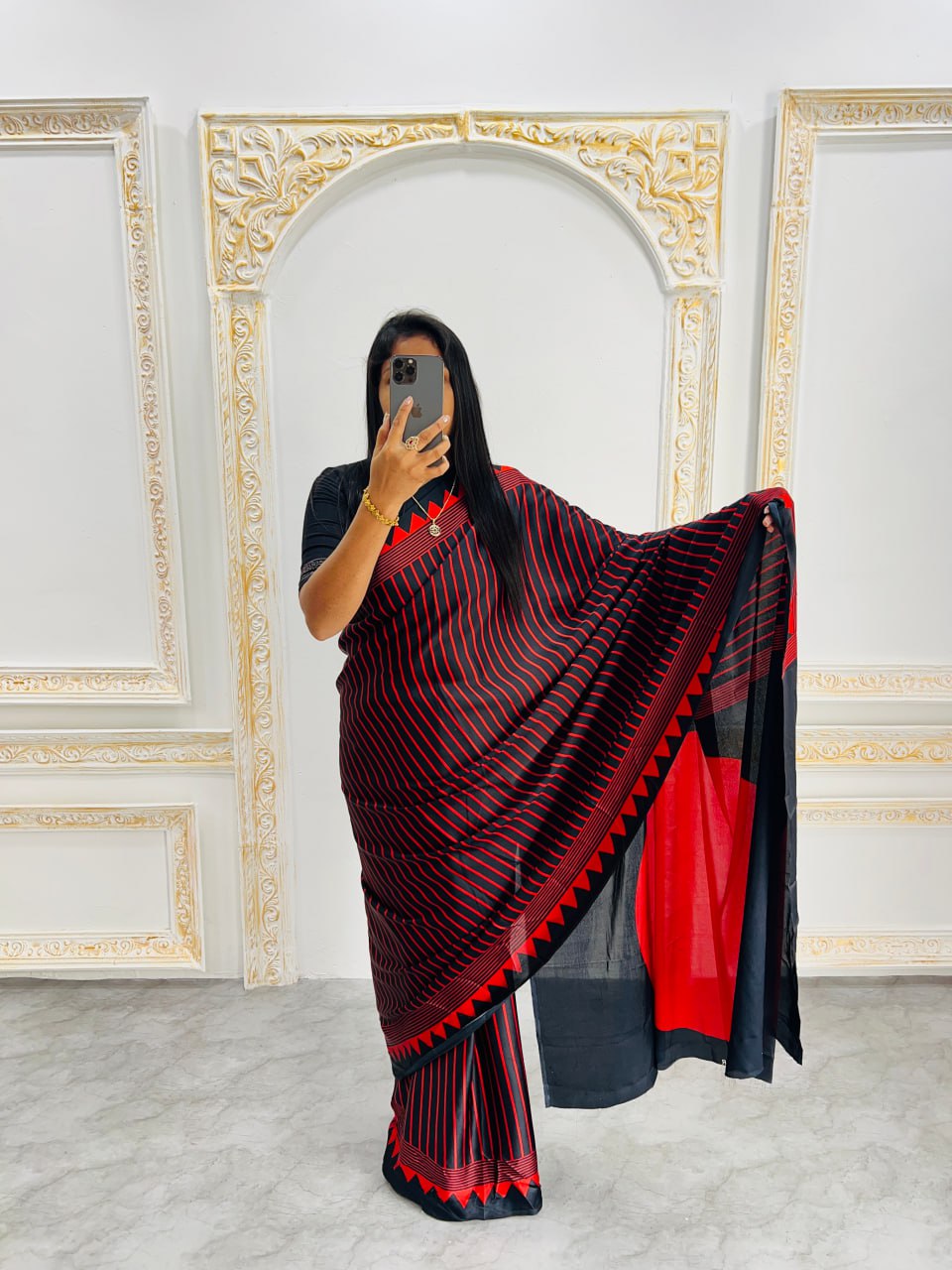 Black & Maroon Saree with Bold Red Circle Pallu – Modern Designer Look